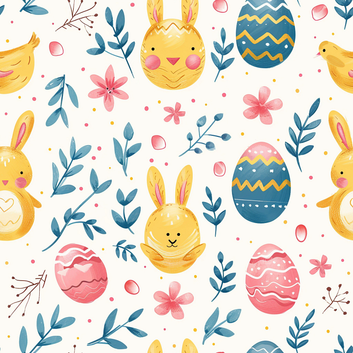 with Hand-Painted Easter Bunnies, Eggs, and Floral Motifs seamless PBR texture preview