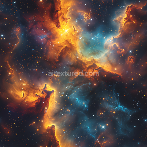 Seamless 3D Space PBR Texture Featuring Vibrant Nebula with Glowing Orange and Blue Cosmic Clouds
