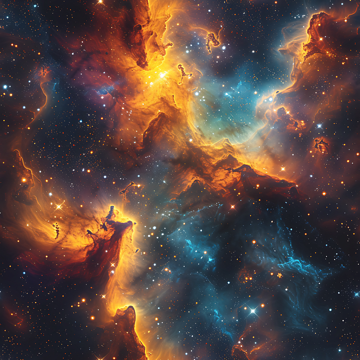 Space Featuring Vibrant Nebula with Glowing Orange and Blue Cosmic Clou… seamless PBR texture preview