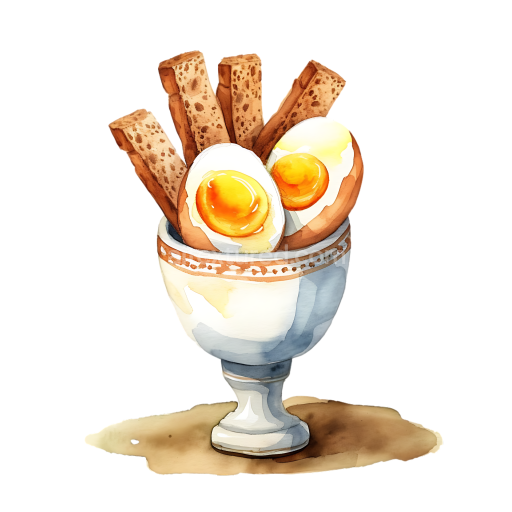 Watercolor Breakfast Illustration of Boiled Eggs with Soldiers in Egg Cup