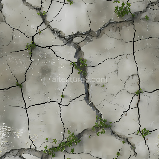 Seamless 3D PBR Texture of Cracked Concrete Surface with Green Plant Growth