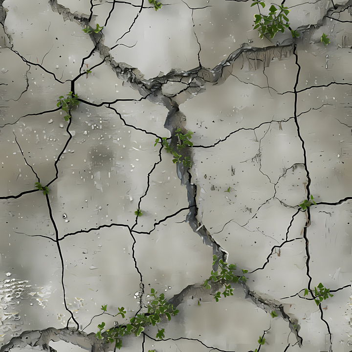 Cracked & Holes of Cracked Concrete Surface with Green Plant Growth seamless PBR texture preview