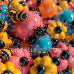 seamless Seamless 3D Inflated PBR Texture of Glossy Plastic Flowers and Bees texture 8k free download PBR