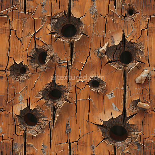 Seamless 3D cracked and holed wooden surface PBR texture with rich orange-brown hues