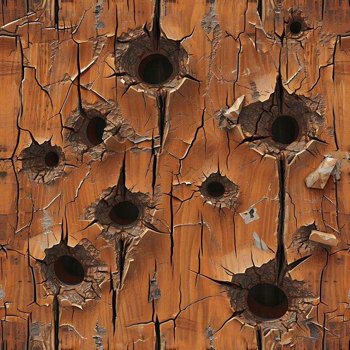 Cracked And Holed Wooden Surface With Rich Orange-Brown Hues Wood seamless PBR texture preview