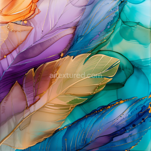 Seamless 3D Alcohol Ink PBR Texture Featuring Gold-Edged Feathers on Multicolor Fluid Background