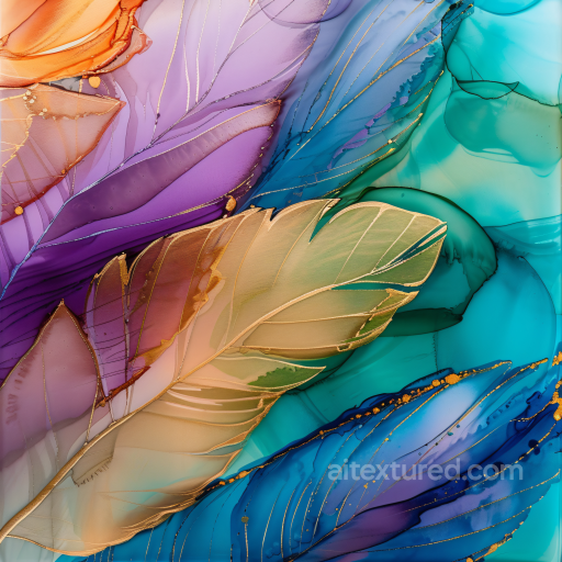Alcohol Ink PBR Texture Featuring Gold-Edged Feathers on Multicolor Fluid Background seamless Alcohol ink PBR texture