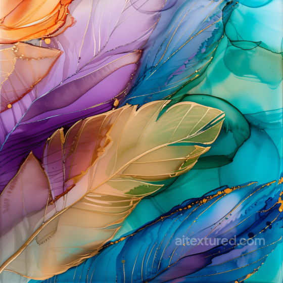 Alcohol Ink PBR Texture Featuring Gold-Edged Feathers on Multicolor Fluid Background Alcohol ink texture preview