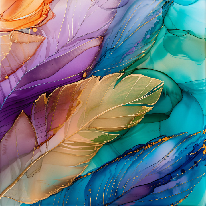 Alcohol Ink Featuring Gold-Edged Feathers on Multicolor Fluid Background seamless PBR texture preview