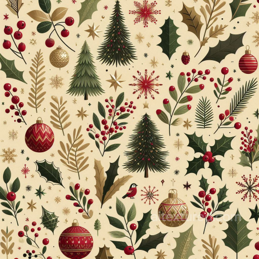Christmas Digital Paper Texture with Festive Holly and Ornaments seamless All Christmas Digital paper PBR texture