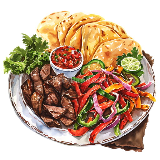 Breakfast Mixed Fajita Platter with Tortillas, Grilled Meat, and Vegetables Illustration