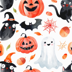 seamless Seamless 3D PBR Watercolor Halloween Texture with Pumpkins, Ghosts, and Bats texture 8k free download PBR