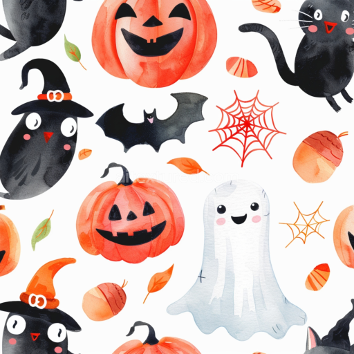 Seamless 3D PBR Watercolor Halloween Texture with Pumpkins, Ghosts, and Bats
