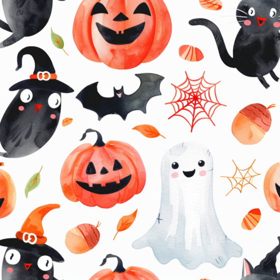 Watercolor Halloween Texture with Pumpkins, Ghosts, and Bats Watercolor Halloween texture preview