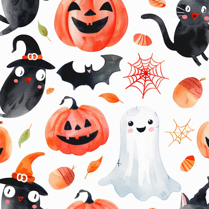 Watercolor Halloween with Pumpkins, Ghosts, and Bats seamless PBR texture preview