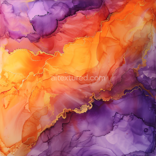 Seamless 3D Alcohol Ink PBR Texture with Vibrant Purple and Orange Fluid Swirls