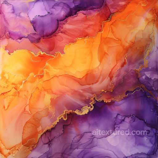 Alcohol Ink PBR Texture with Vibrant Purple and Orange Fluid Swirls seamless Alcohol ink PBR texture