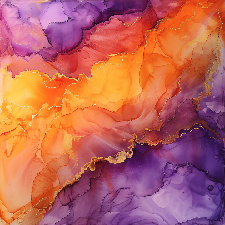 Alcohol Ink with Vibrant Purple and Orange Fluid Swirls seamless PBR texture preview