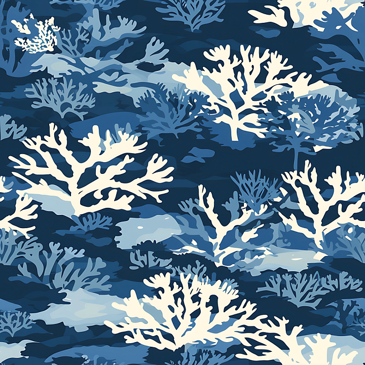 Underwater Coral Camouflage in Blue and Cream seamless PBR texture preview