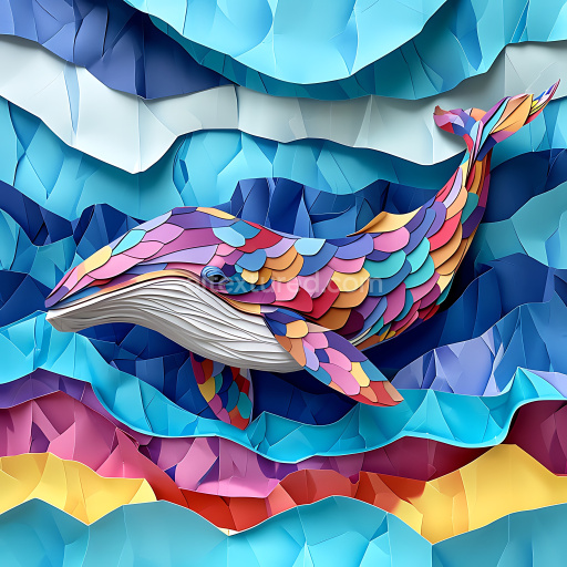 Seamless 3D PBR Texture Featuring Colorful Origami Bowhead Whale Pattern
