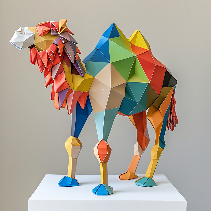 Origami Style Bactrian Camel with Multicolor Geometric Panels seamless PBR texture preview