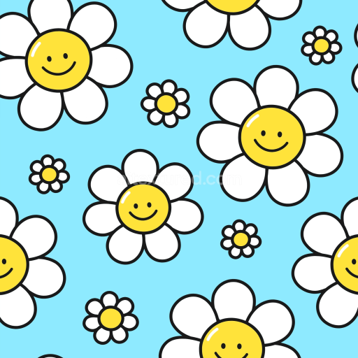 Seamless 3D PBR Happy Face Daisy Floral Pattern with Bright Blue Background