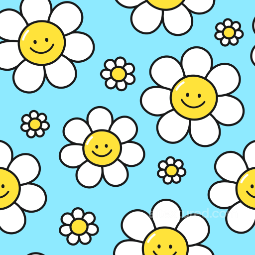 Happy Face Daisy Floral Pattern with Bright Blue Background seamless Happy Face pattern PBR texture