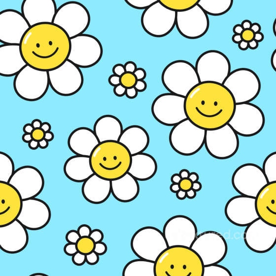 Happy Face Daisy Floral Pattern with Bright Blue Background Happy Face pattern texture preview