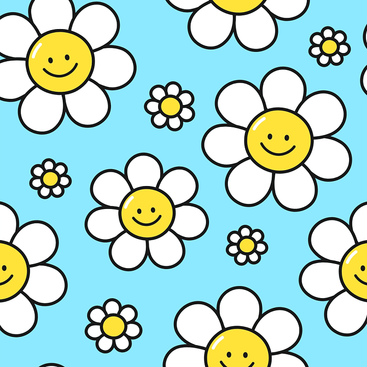 Happy Face Daisy Floral Pattern with Bright Blue Background seamless PBR texture preview