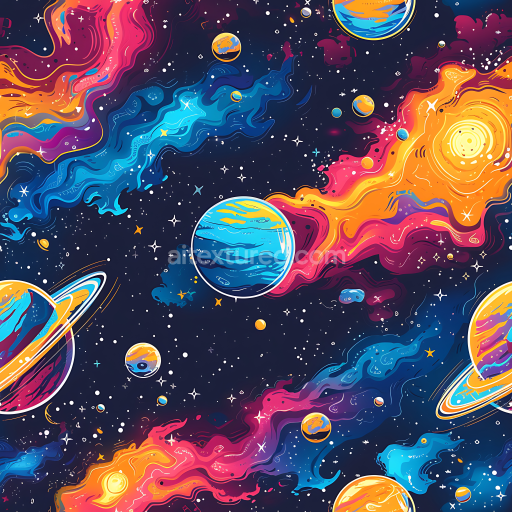 Seamless 3D PBR Space Texture Featuring Vibrant Cosmic Nebulae and Colorful Planets
