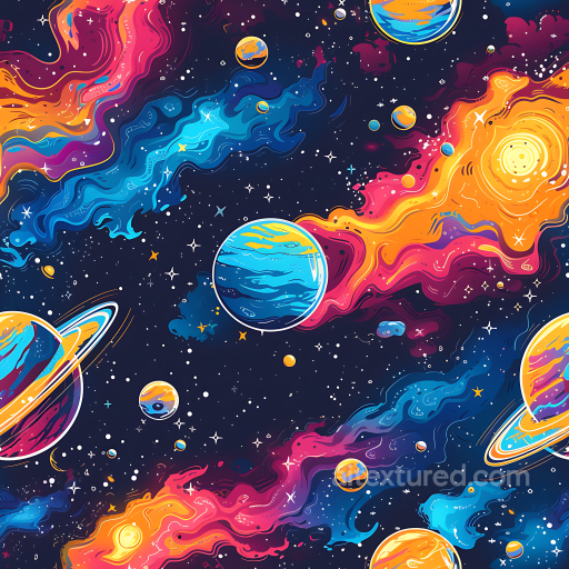 Space Texture Featuring Vibrant Cosmic Nebulae and Colorful Planets seamless Star, space, planets PBR texture