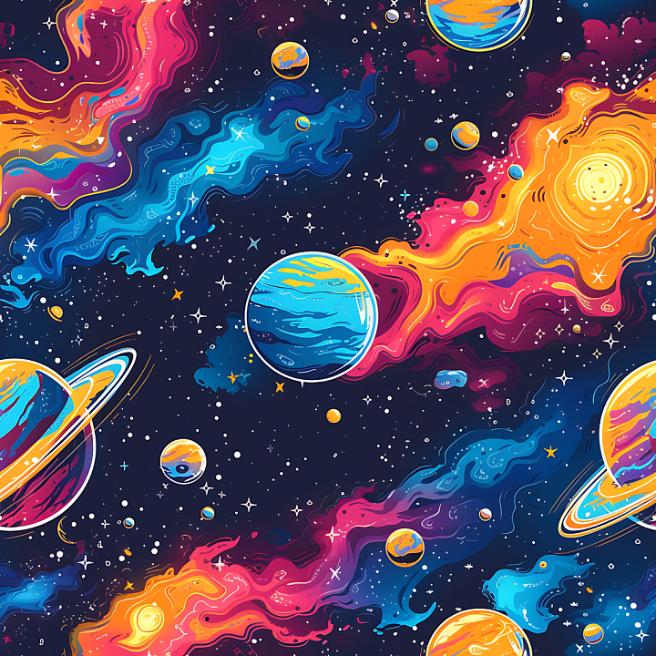 Space Featuring Vibrant Cosmic Nebulae and Colorful Planets seamless PBR texture preview