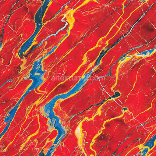 Seamless 3D PBR Glossy Red Marble Texture with Dynamic Yellow and Blue Vein Swirls
