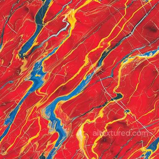 Glossy Red Marble Texture with Dynamic Yellow and Blue Vein Swirls seamless Marble PBR texture