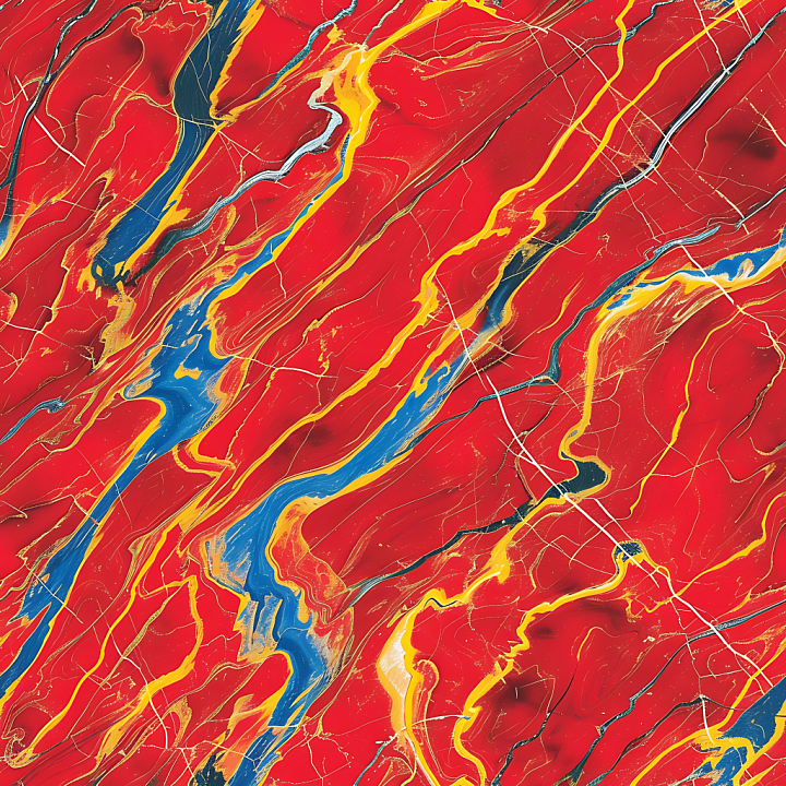 Glossy Red Marble with Dynamic Yellow and Blue Vein Swirls seamless PBR texture preview