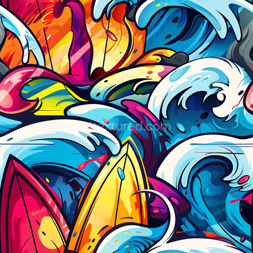 Seamless 3D PBR Graffiti Texture Featuring Colorful Waves and Surfboards