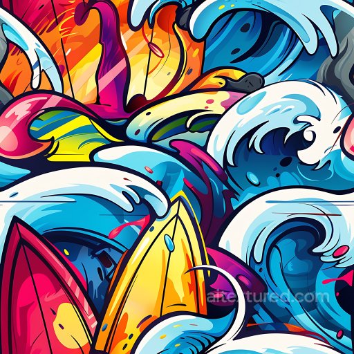 Seamless 3D PBR Graffiti Texture Featuring Colorful Waves and Surfboards texture preview