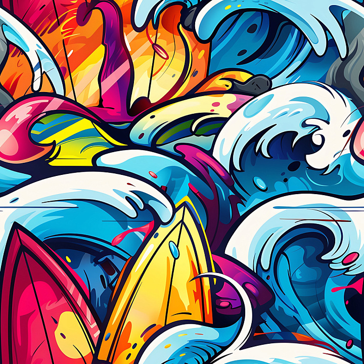 Graffiti Featuring Colorful Waves and Surfboards seamless PBR texture preview