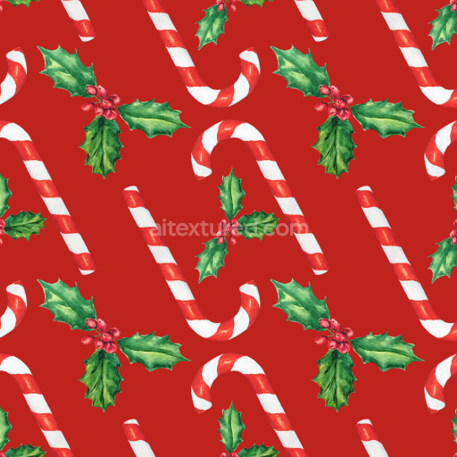 Seamless 3D PBR Texture of Watercolor Candy Canes and Holly on Red