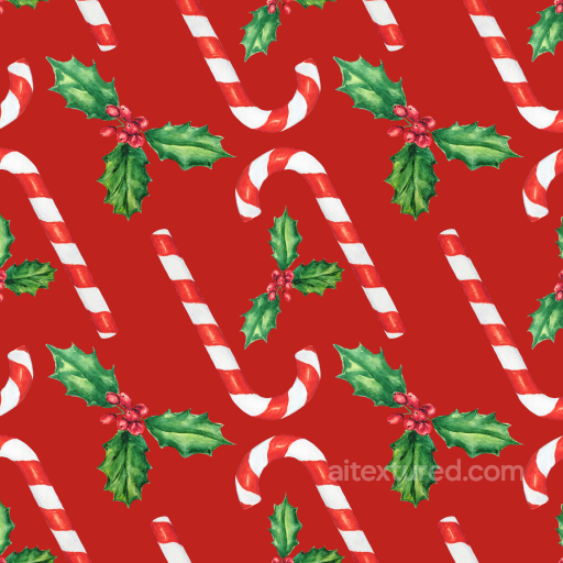 Watercolor Christmas Texture of Watercolor Candy Canes and Holly on Red seamless Watercolor Christmas PBR texture