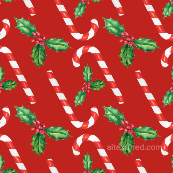 Watercolor Christmas Texture of Watercolor Candy Canes and Holly on Red Watercolor Christmas texture preview