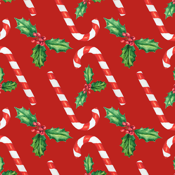 Watercolor Christmas of Watercolor Candy Canes and Holly on Red seamless PBR texture preview