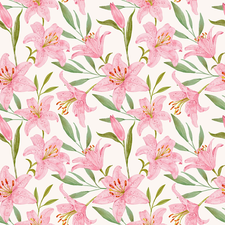 Pink Flower of Pink Lily Flowers with Green Leaves Pattern seamless PBR texture preview