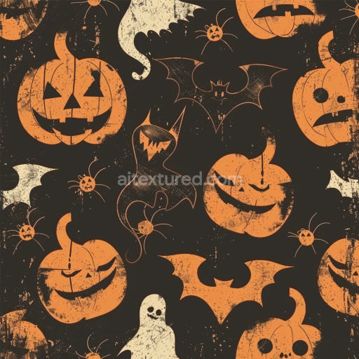 Seamless 3D PBR Vintage Halloween Fabric Texture with Pumpkin, Bat, and Ghost Motifs