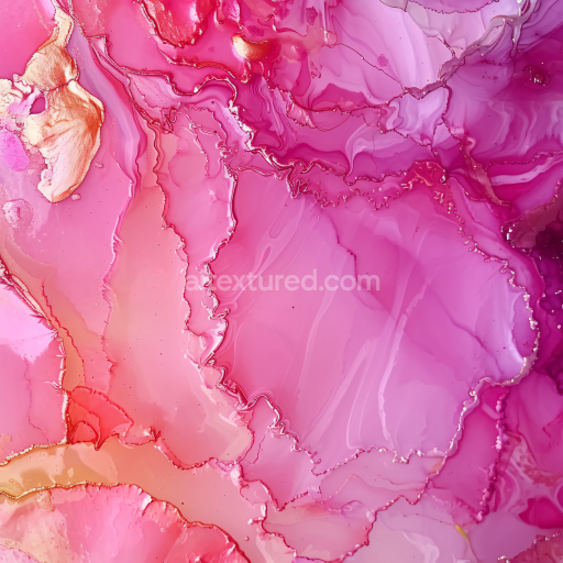 Seamless 3D Alcohol Ink PBR Texture Featuring Pink Coral Hues with Gold Veining and Fluid Movement