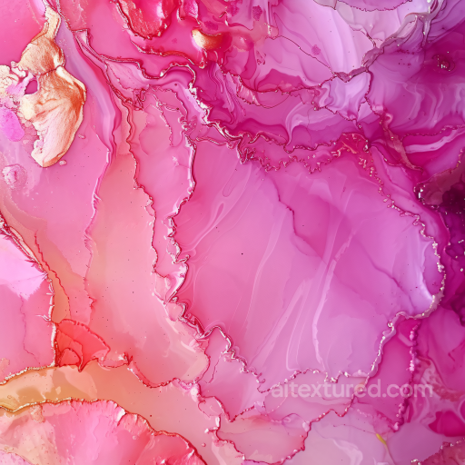 Alcohol Ink PBR Texture Featuring Pink Coral Hues with Gold Veining and Fluid Movement seamless Alcohol ink PBR texture