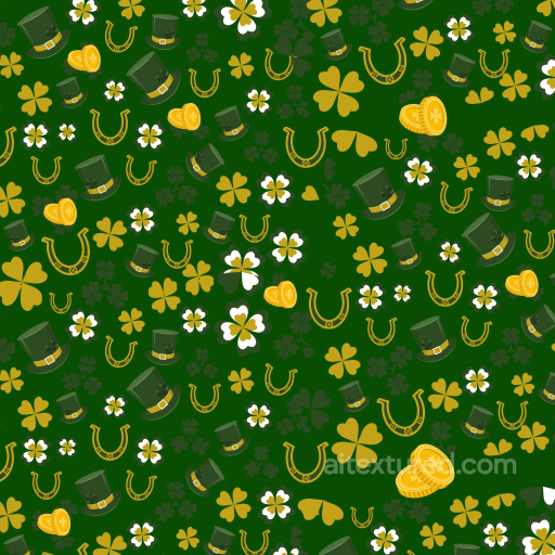 St Patrick Pattern Texture with Shamrocks, Leprechaun Hats & Gold Coins seamless St patrick PBR texture