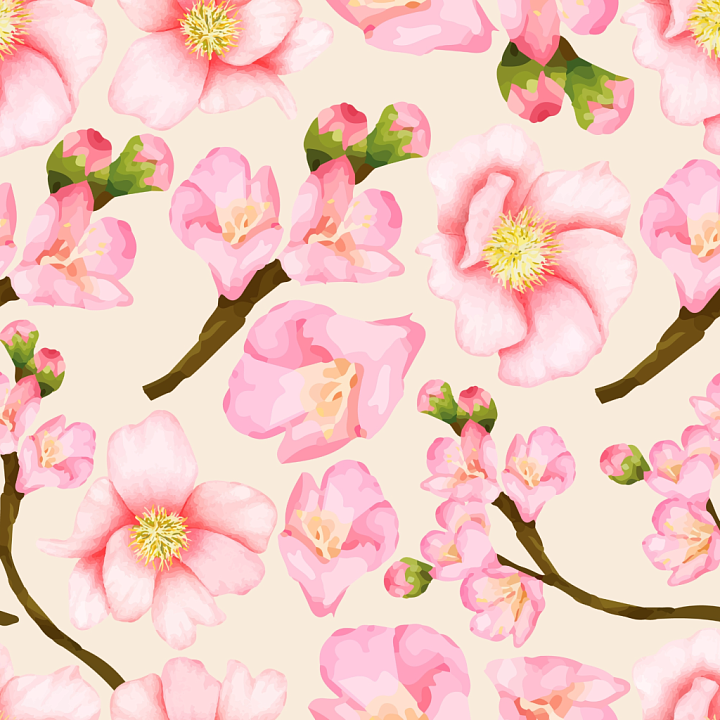 Watercolor Cherry Blossom Flowers seamless PBR texture preview