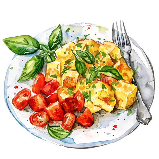 Watercolor Scrambled Tofu with Cherry Tomatoes and Basil Breakfast Illustration