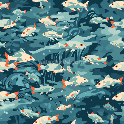 Seamless 3D Aquatic Camouflage PBR Texture Featuring Stylized Fish and Underwater Motifs
